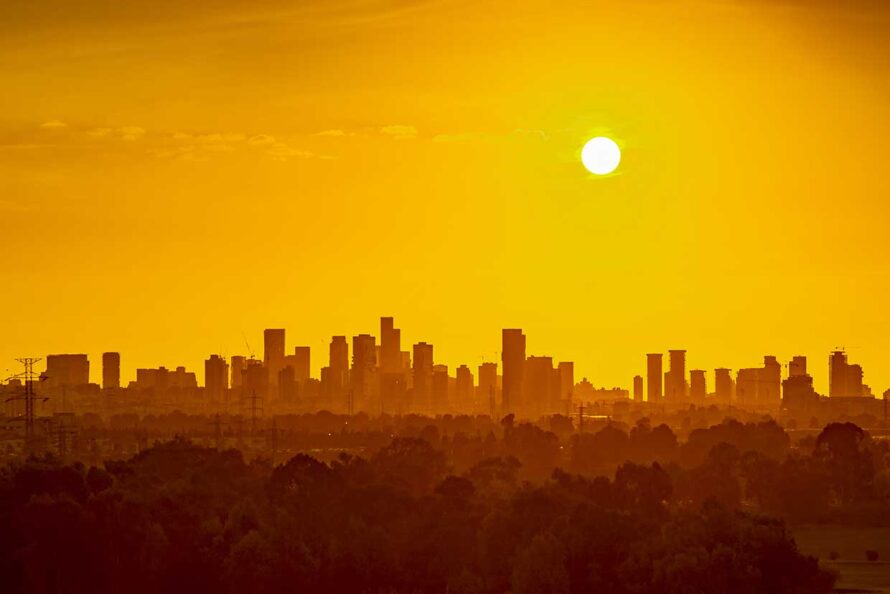 Heat wave over a city skyline.